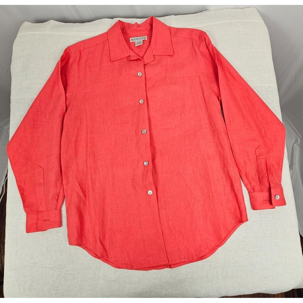 MERONA Women Size S Red 100% Linen Long Sleeve Shirt Closet Staple